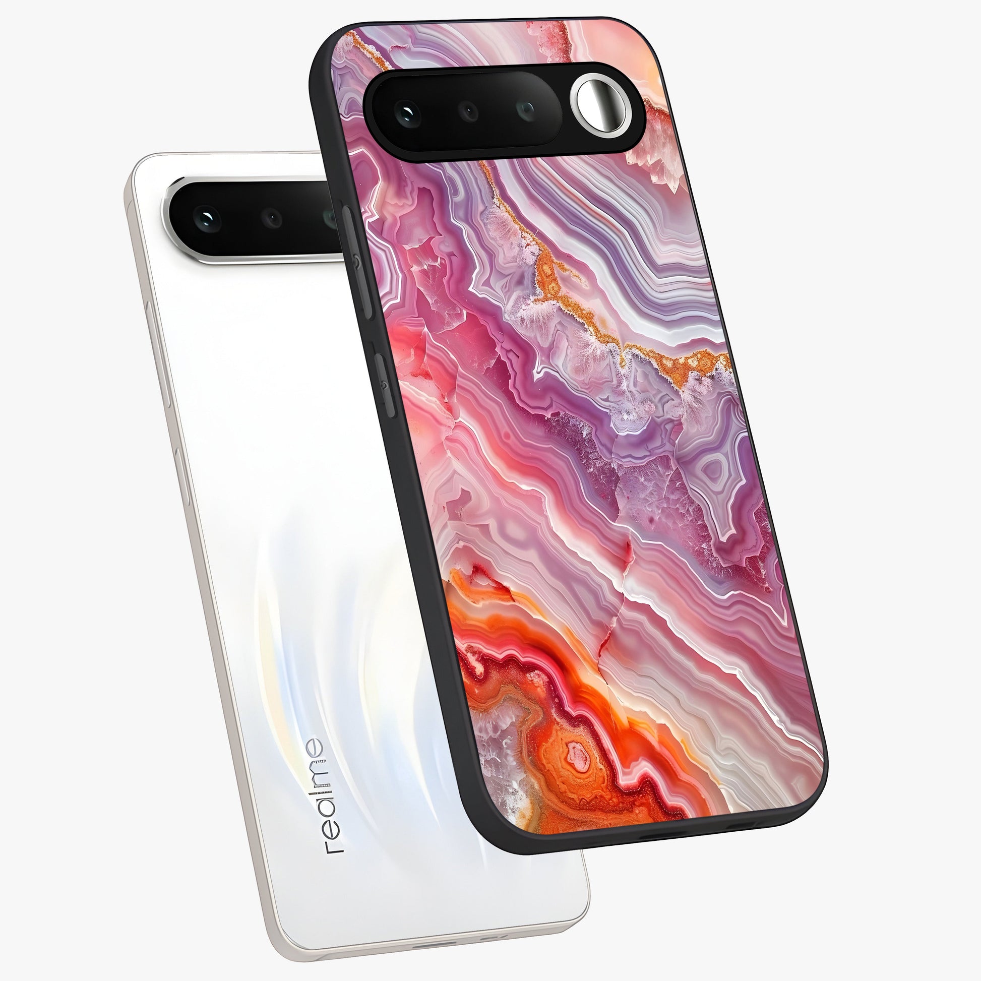 Rose Quartz Marble Glass Case displayed in angled mockup highlighting elegant marble pattern with soft aesthetic style.