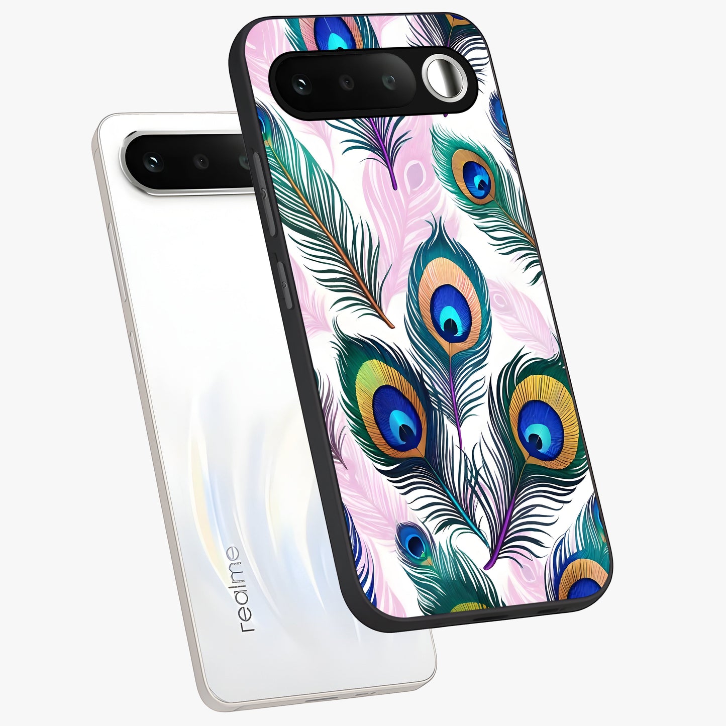 Royal Peacock Feathers Glass Case displayed in angled mockup highlighting vibrant feather pattern with regal aesthetic style.