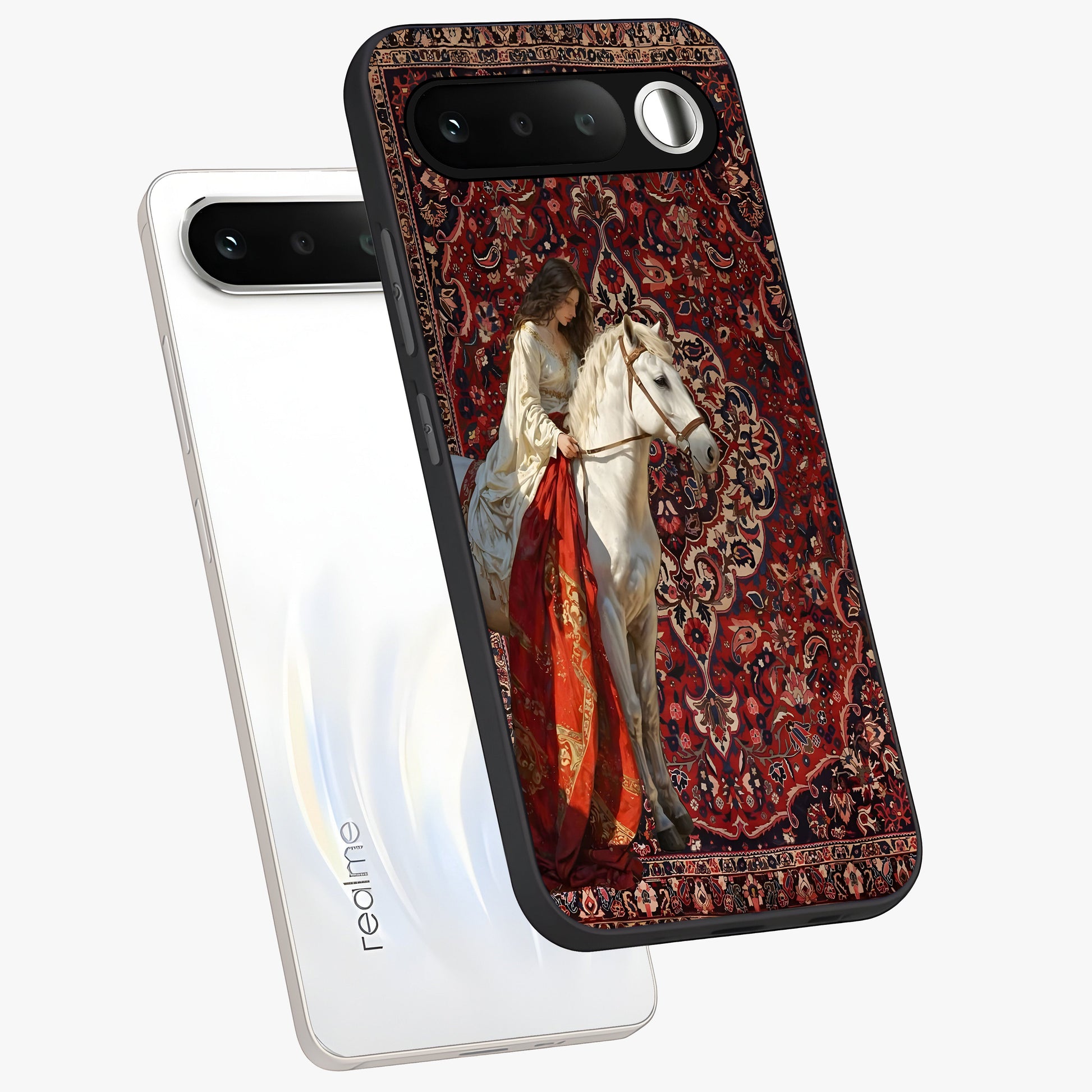 Royal Rider Tapestry Glass Case displayed in angled mockup highlighting traditional tapestry design with royal heritage aesthetic.