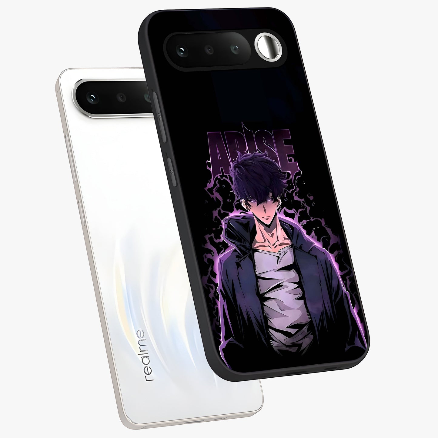 Shadow Monarch Awakening Glass Case displayed in angled mockup highlighting dramatic shadow warrior design with fantasy aesthetic.