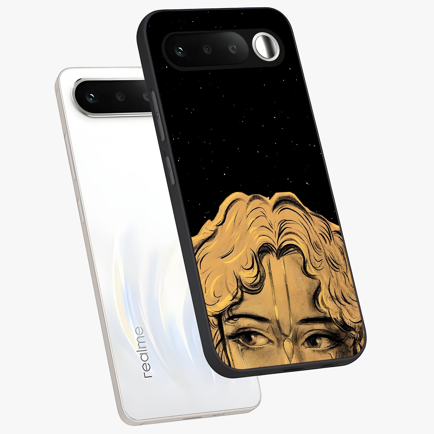 Shri Krishna Art Glass Case displayed in angled mockup highlighting spiritual Krishna illustration with divine aesthetic.