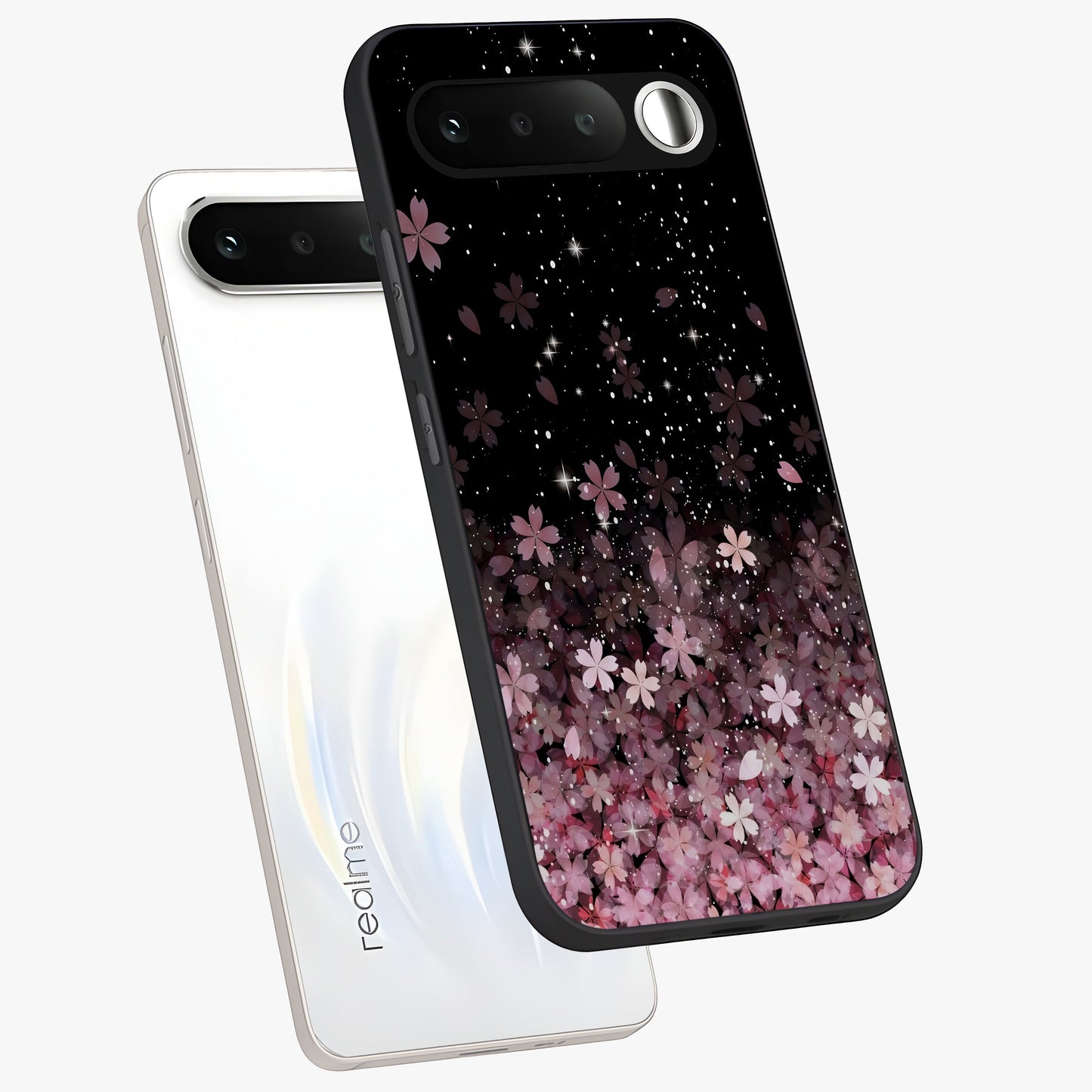 Small Starry Flowers Glass Case displayed in angled mockup highlighting tiny flower pattern with celestial aesthetic style.