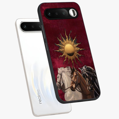 Solar Riders Glass Case displayed in angled mockup highlighting powerful rider illustration with radiant solar aesthetic.
