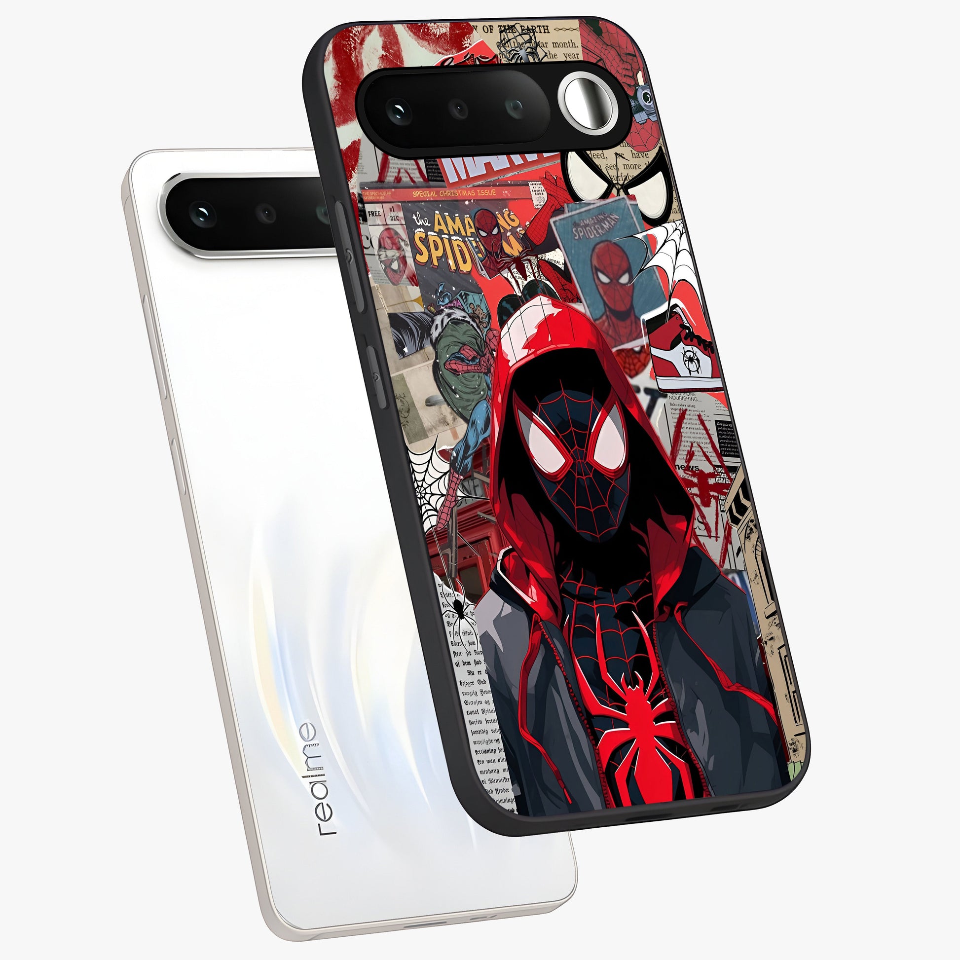 Spider Collage Street Glass Case displayed in angled mockup highlighting dynamic street style collage design with comic aesthetic.