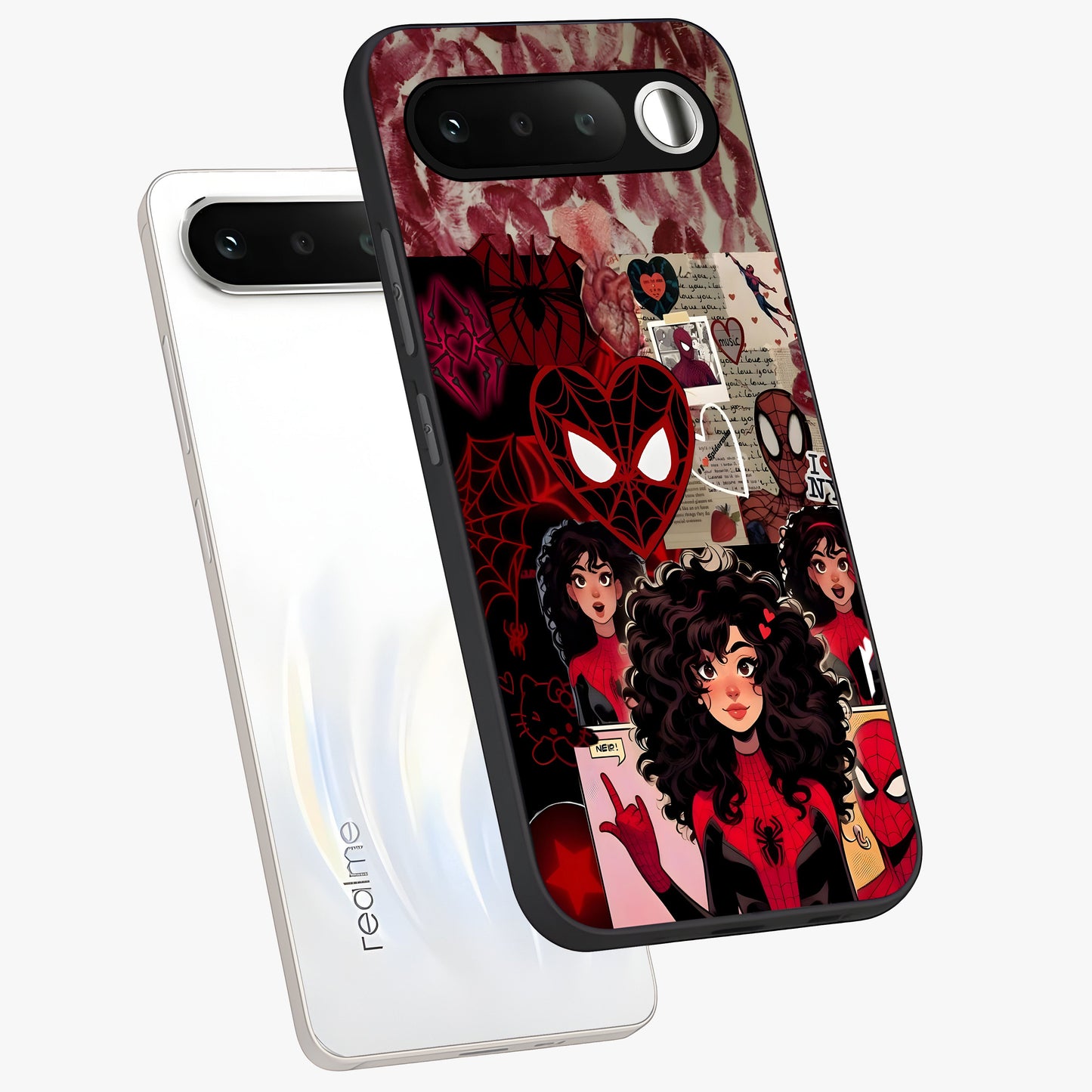 Spider Love Story Glass Case displayed in angled mockup highlighting expressive comic inspired design with playful aesthetic.