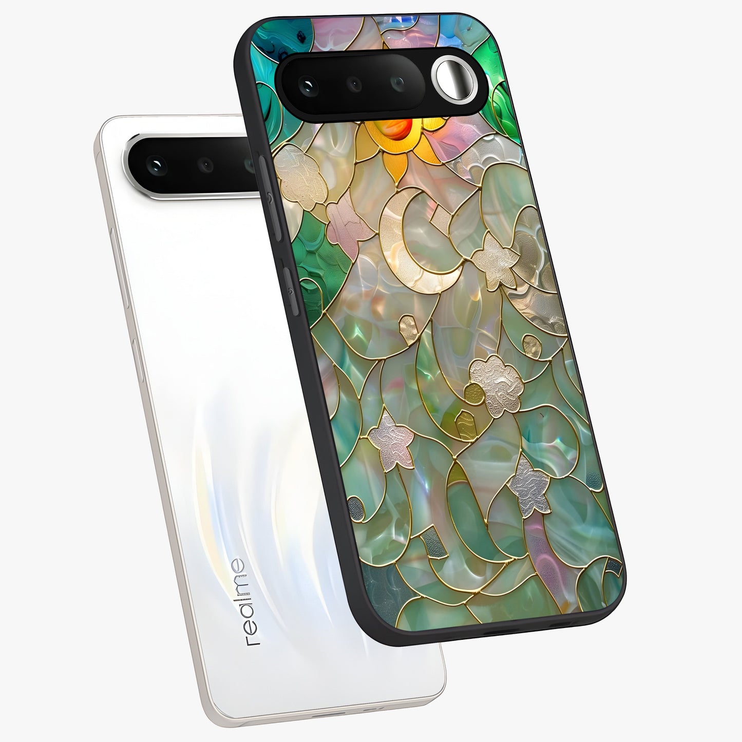 Stained Sunrise Glow Glass Case displayed in angled mockup highlighting radiant sunrise design with artistic aesthetic style.
