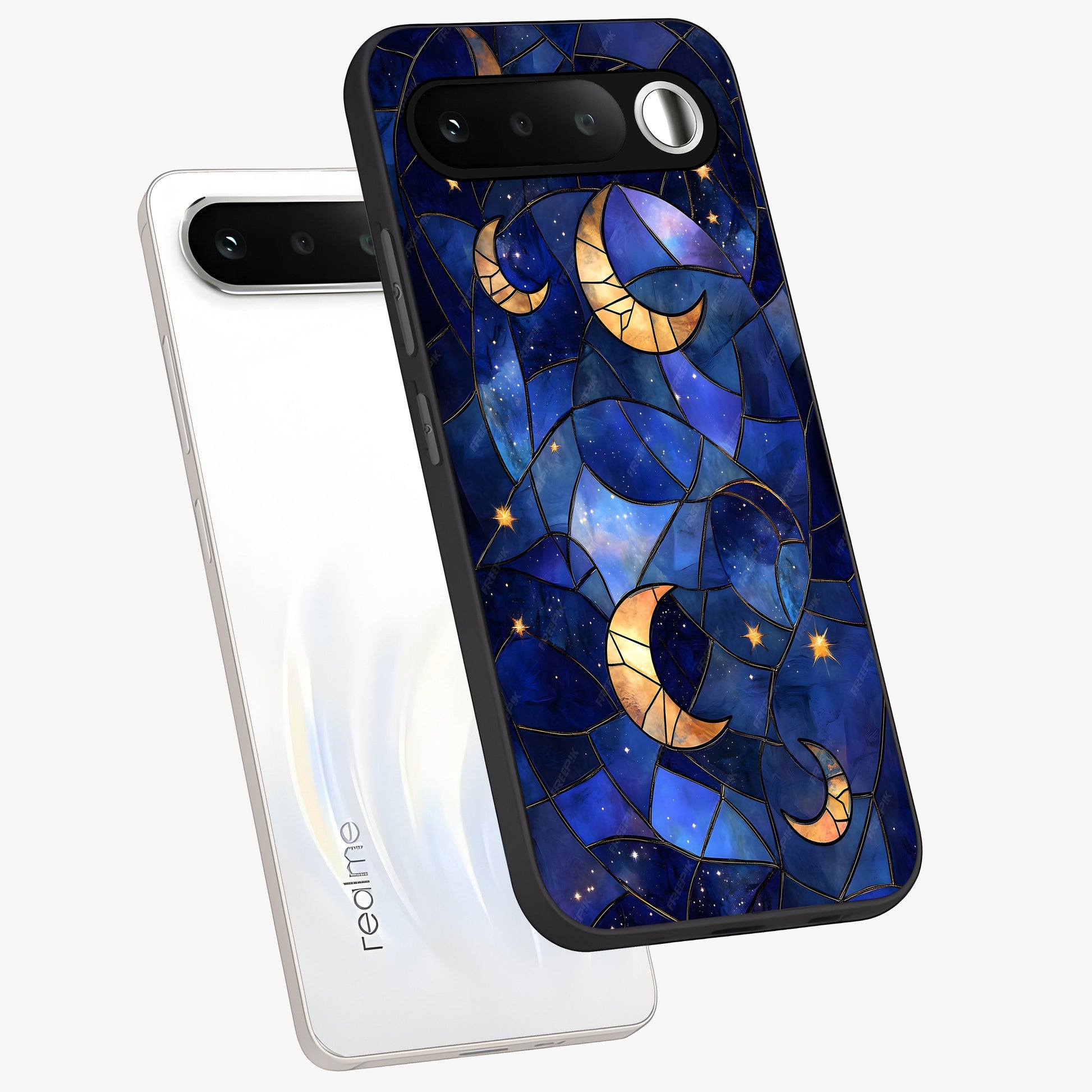 Starlit Sky Tapestry Glass Case displayed in angled mockup highlighting celestial night pattern with artistic aesthetic style.