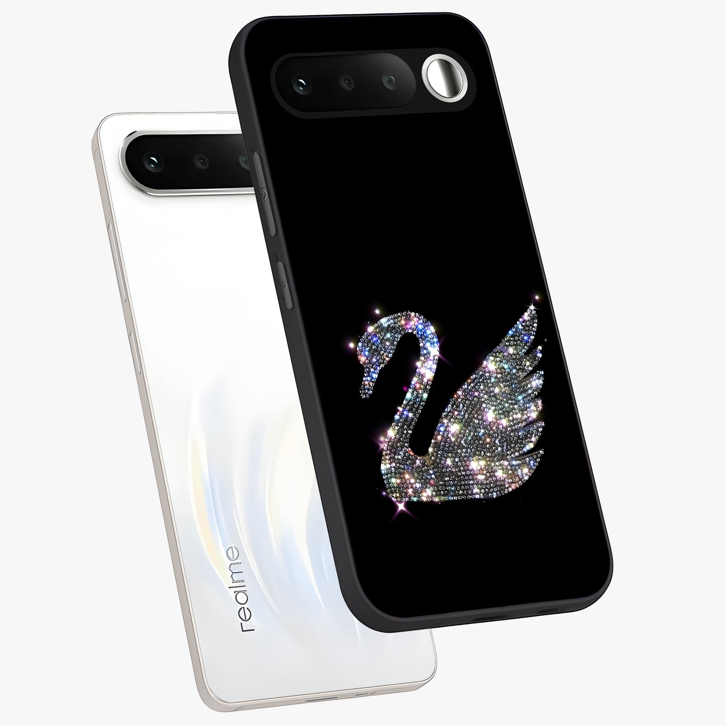 Starlit Swan Grace Glass Case displayed in angled mockup highlighting elegant swan illustration with dreamy celestial aesthetic.