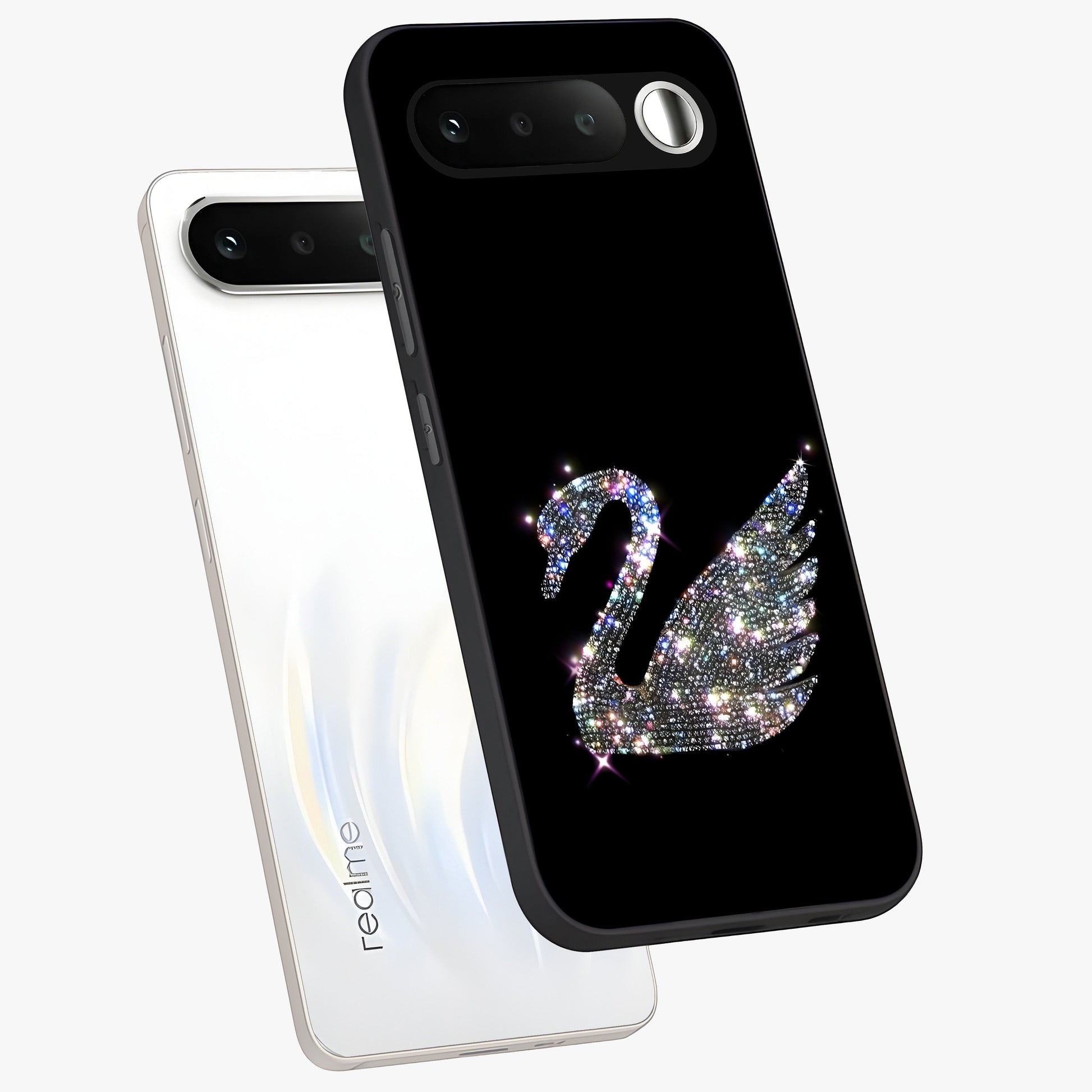Starlit Swan Grace Glass Case displayed in angled mockup highlighting elegant swan illustration with dreamy celestial aesthetic.