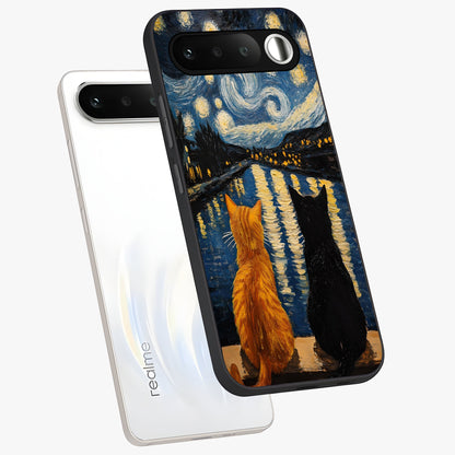 Starry River Cats Glass Case displayed in angled mockup highlighting charming feline illustration with dreamy night aesthetic.