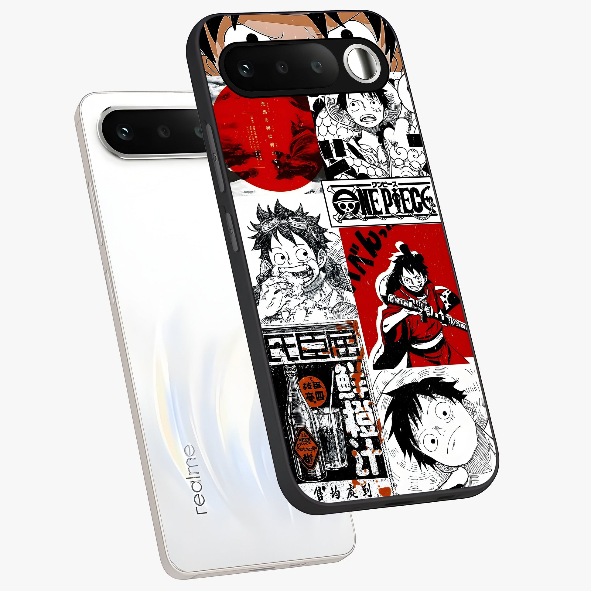 Strawhat Chaos Panels Glass Case displayed in angled mockup highlighting vibrant anime collage design with action aesthetic.