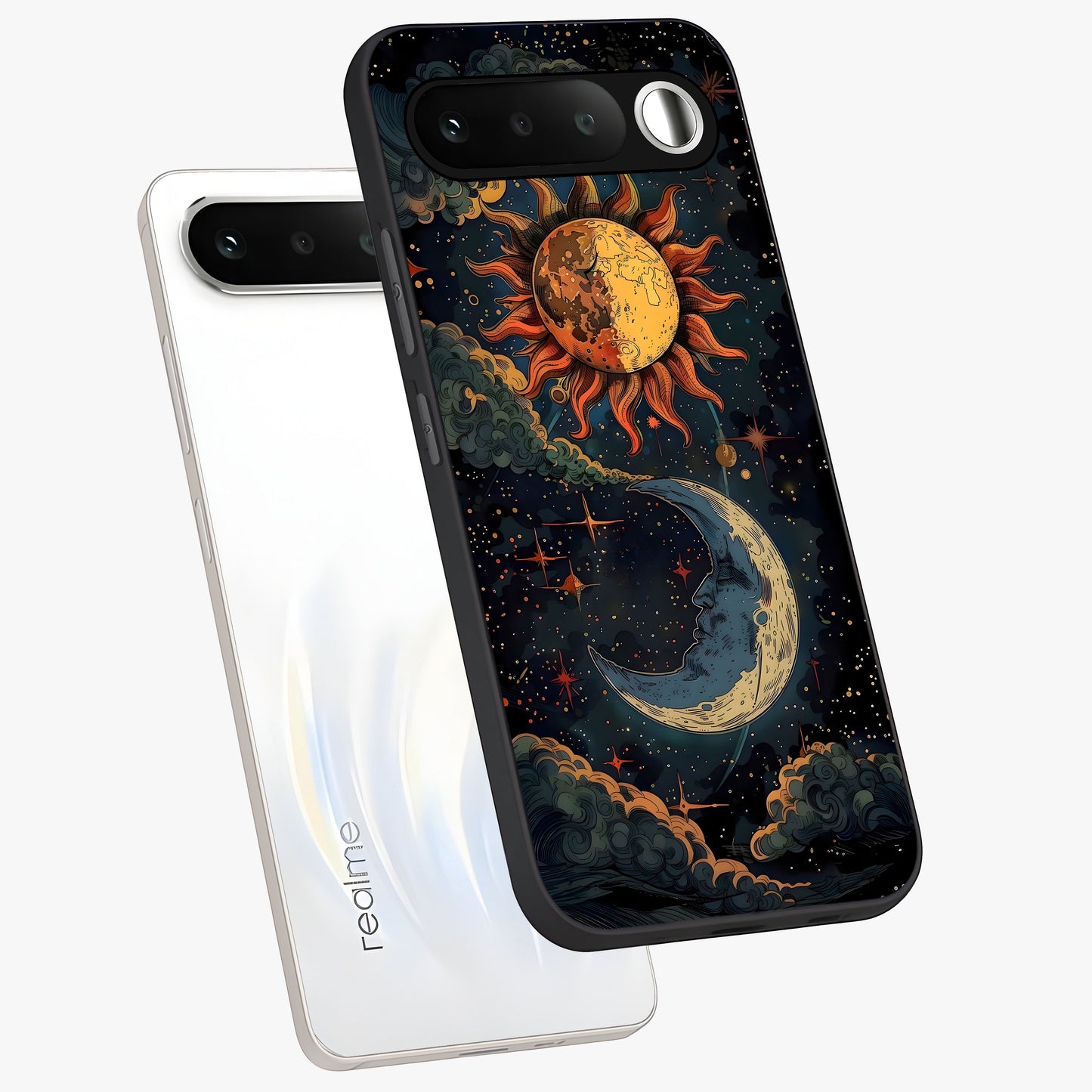 Sun And Moon Magic Design Glass Case displayed in angled mockup highlighting celestial design with magical cosmic aesthetic.