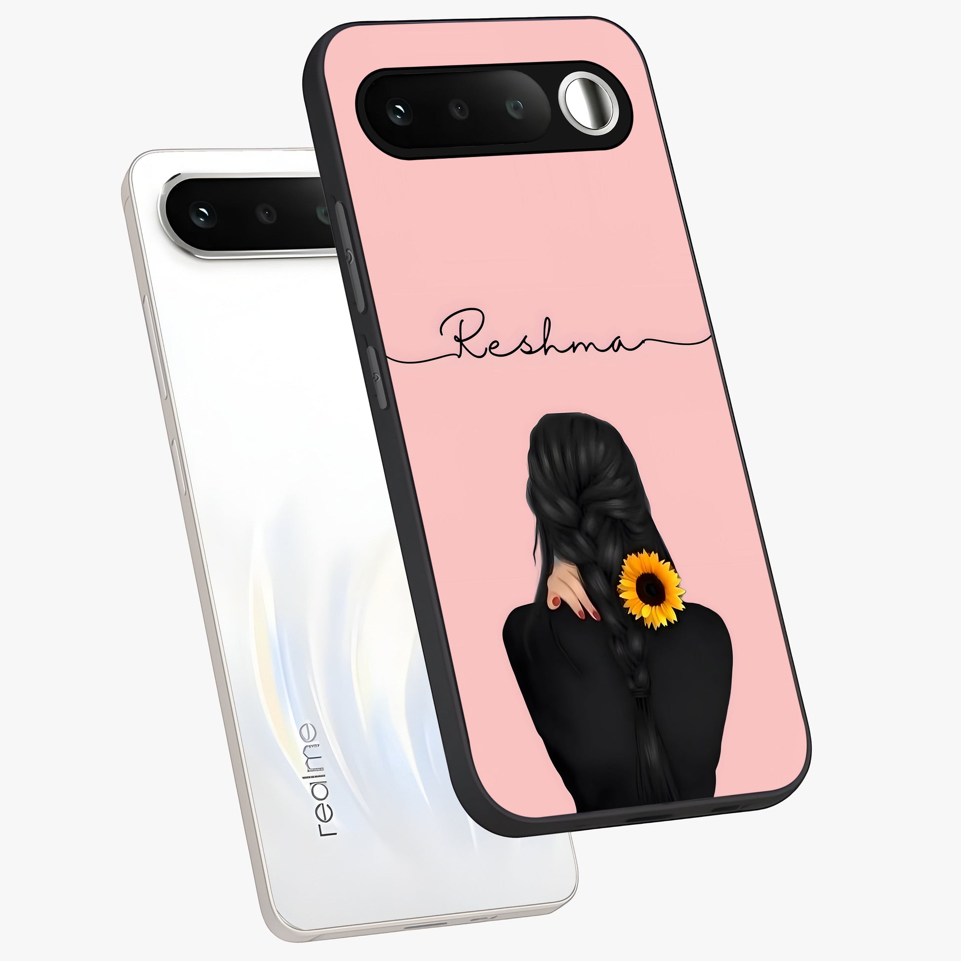 Sunflower Braid Beauty With Custom Name Glass Case displayed in angled mockup highlighting elegant sunflower design with custom name feature.
