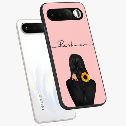 Sunflower Braid Beauty With Custom Name Glass Case displayed in angled mockup highlighting elegant sunflower design with custom name feature.