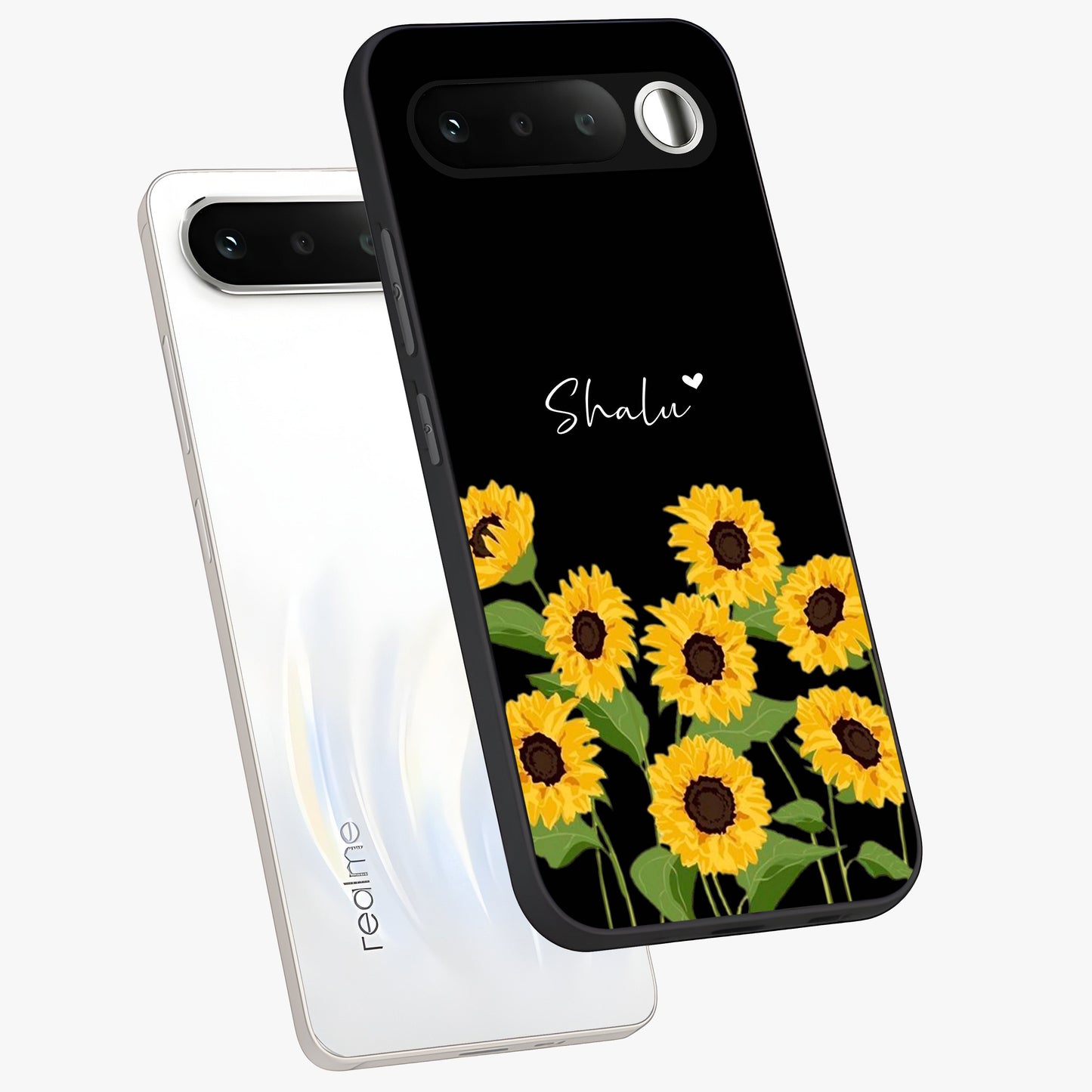Sunflower Chic Mood Custom Name Glass Case displayed in angled mockup highlighting vibrant sunflower design with custom name feature.