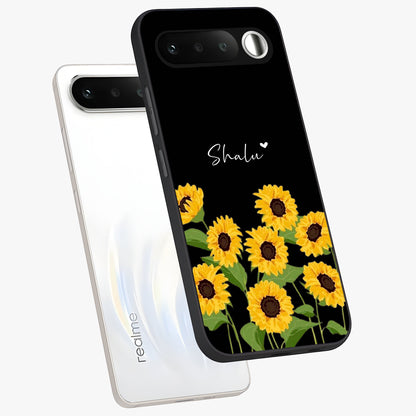 Sunflower Chic Mood Custom Name Glass Case displayed in angled mockup highlighting vibrant sunflower design with custom name feature.