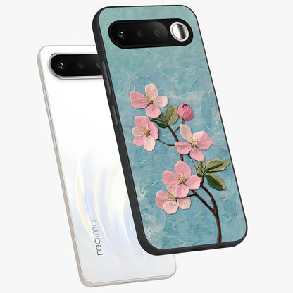Threaded Blossom Breeze Glass Case displayed in angled mockup highlighting elegant floral design with soft aesthetic style.