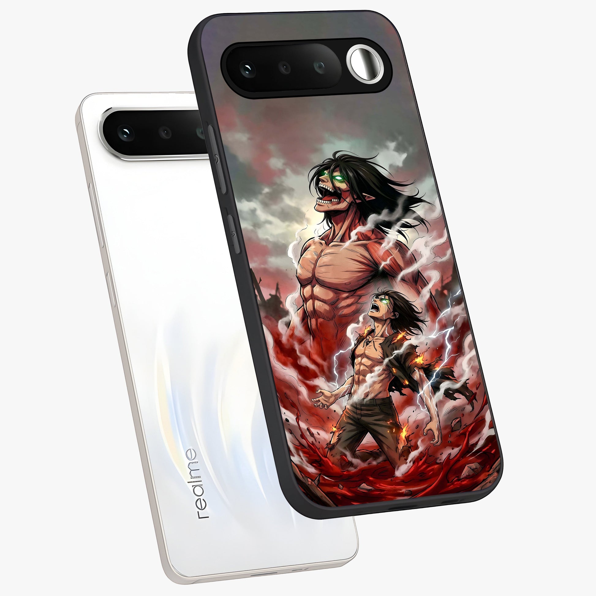 Titan Awakening Fury Glass Case displayed in angled mockup highlighting dramatic giant warrior design with bold anime aesthetic.