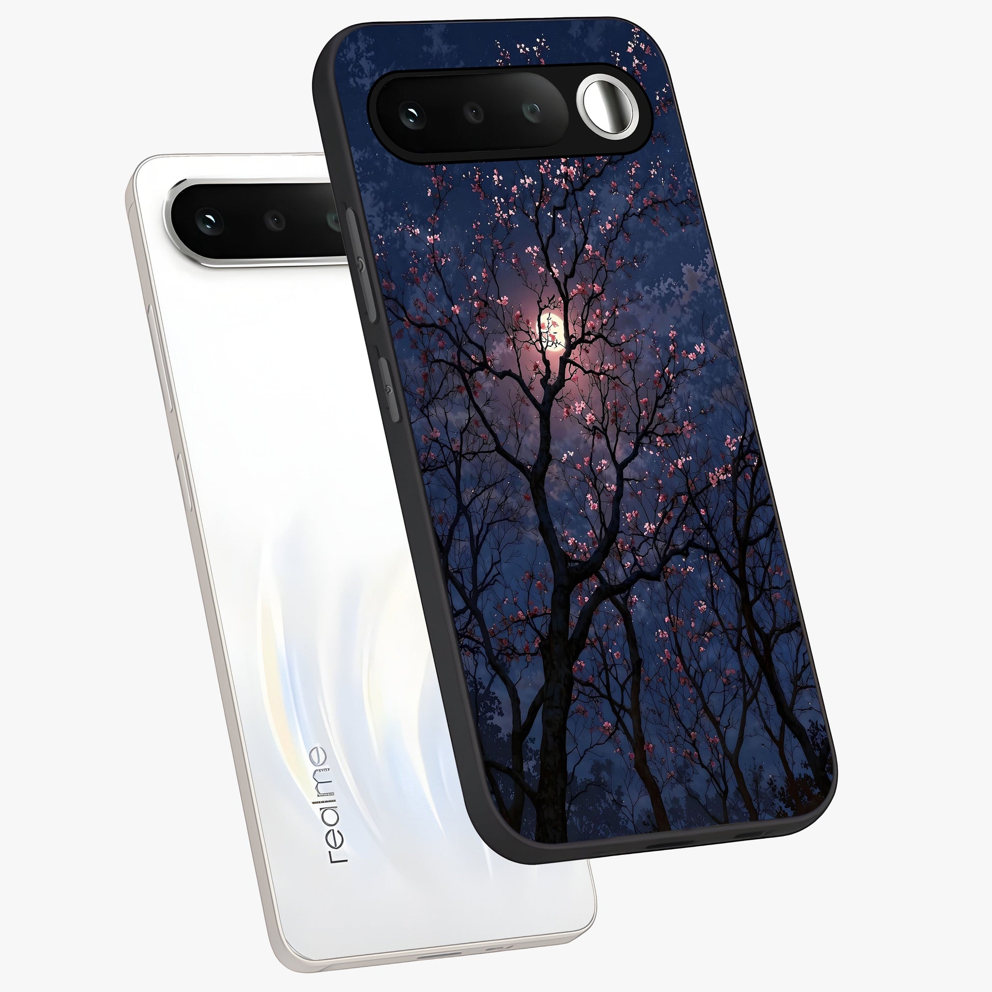 Twilight Sakura Serenade Glass Case displayed in angled mockup highlighting delicate sakura flower design with dreamy aesthetic.
