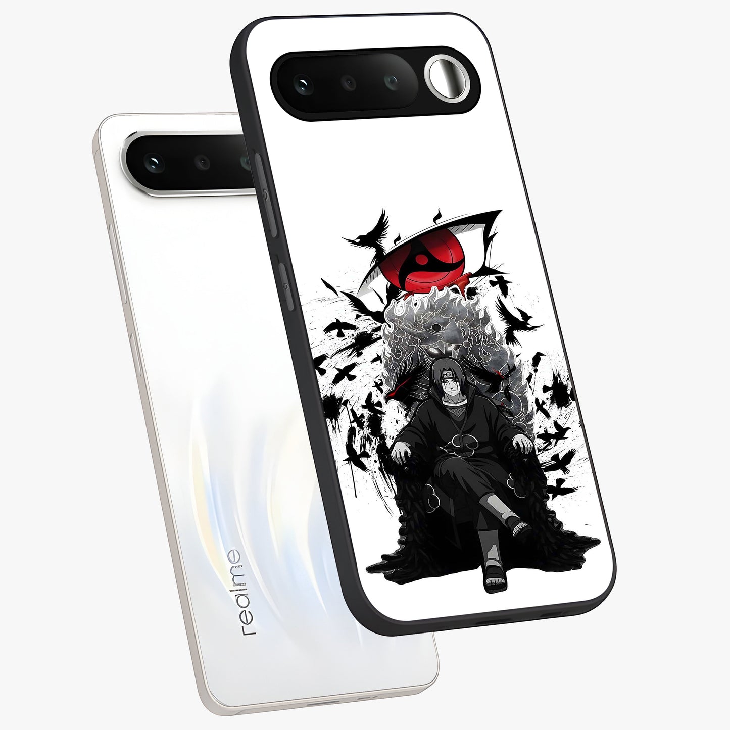 Uchiha Shadow Throne Glass Case displayed in angled mockup highlighting glowing aquatic design with celestial aesthetic.