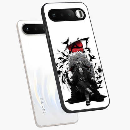 Uchiha Shadow Throne Glass Case displayed in angled mockup highlighting glowing aquatic design with celestial aesthetic.
