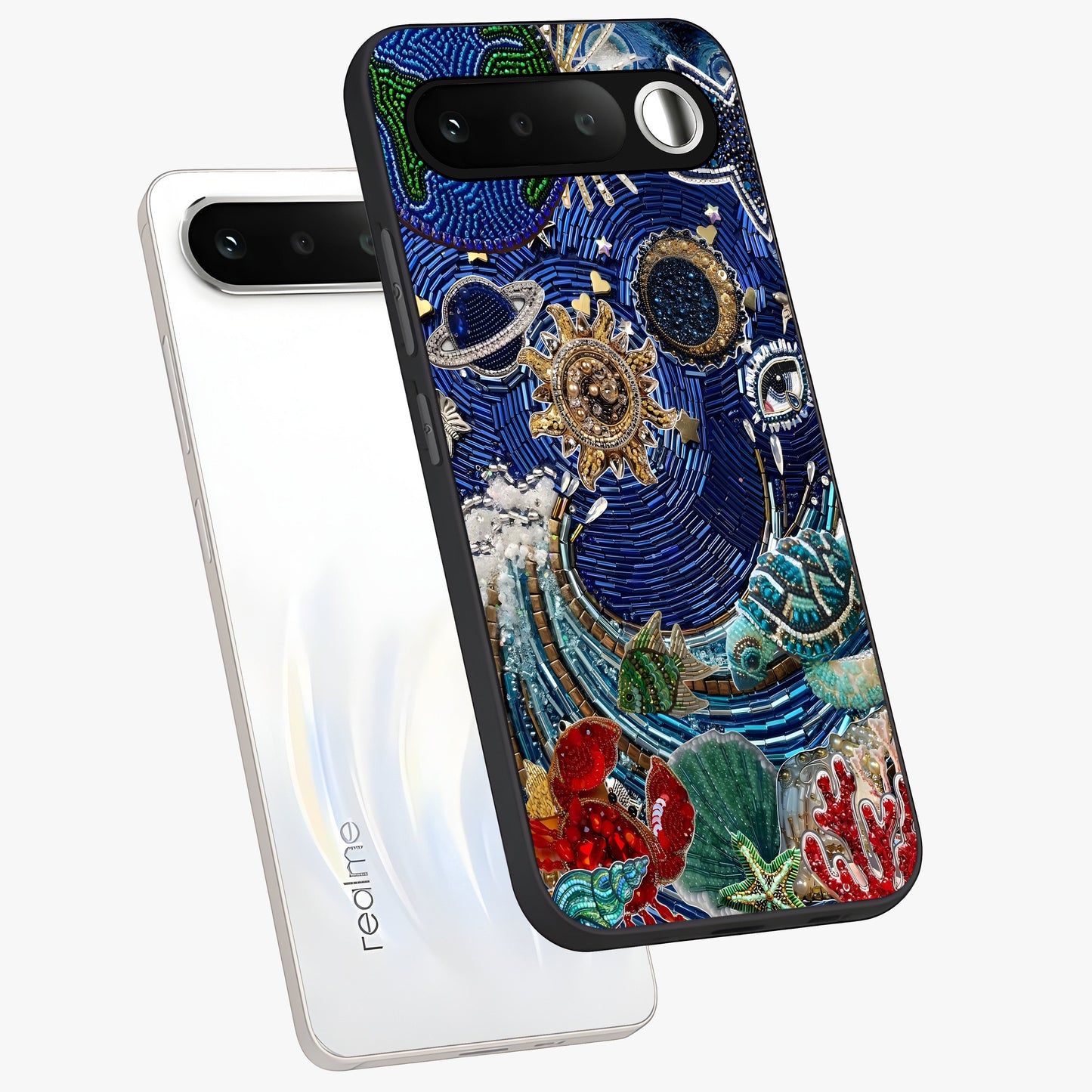 Universe Underwater Spark Glass Case displayed in angled mockup highlighting glowing aquatic design with celestial aesthetic.