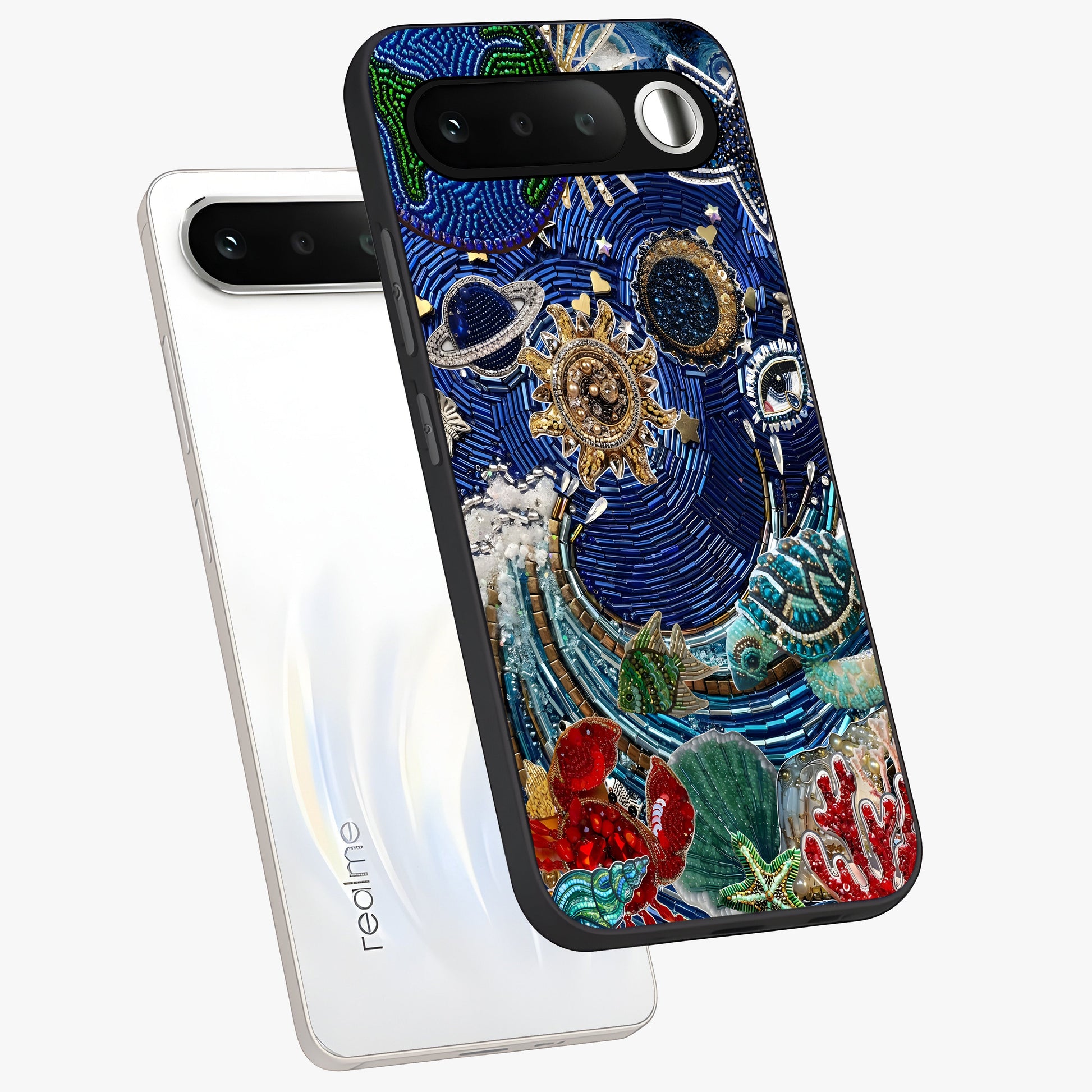 Universe Underwater Spark Glass Case displayed in angled mockup highlighting glowing aquatic design with celestial aesthetic.