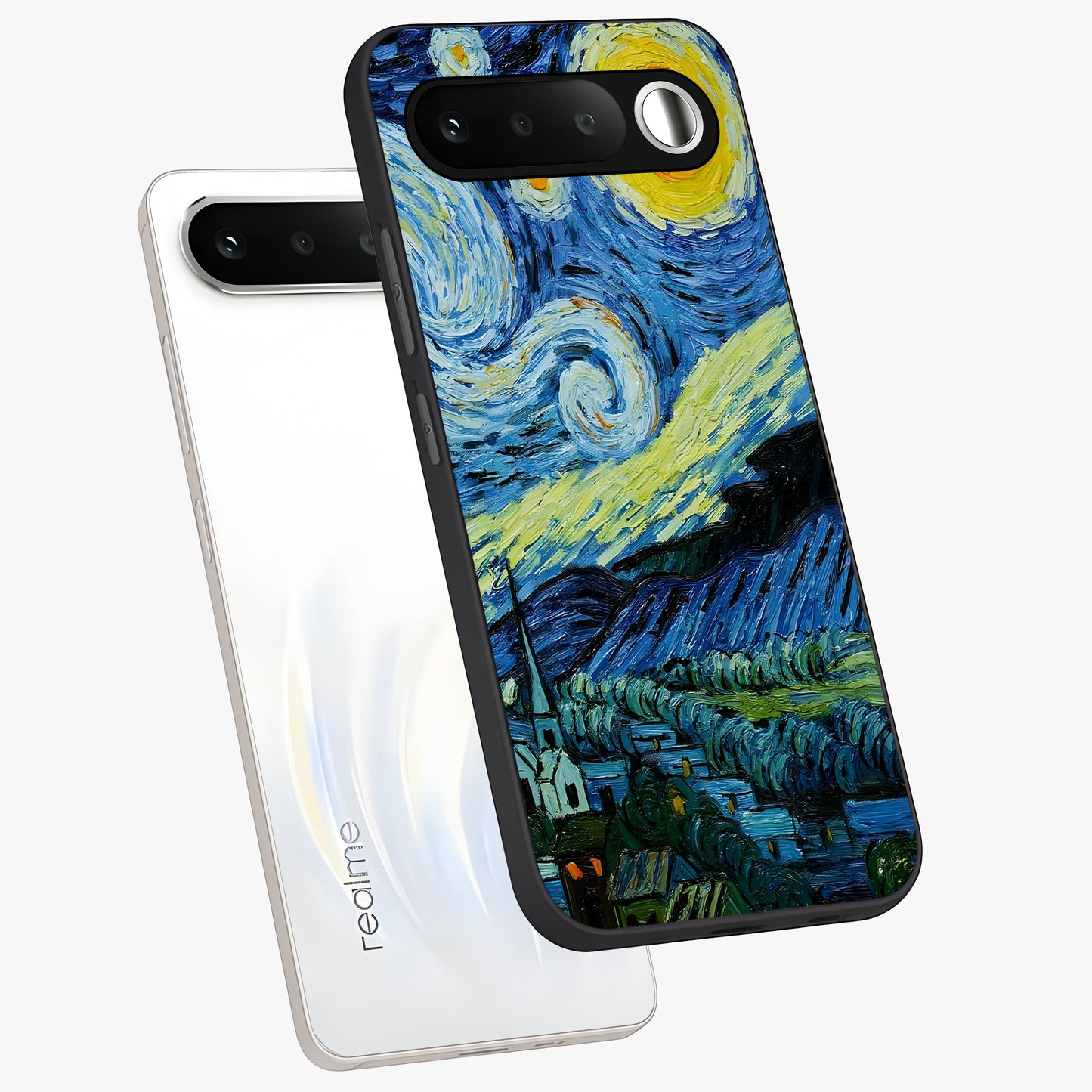 Van Gogh Art Glass Case displayed in angled mockup highlighting swirling brushstroke design with artistic aesthetic.