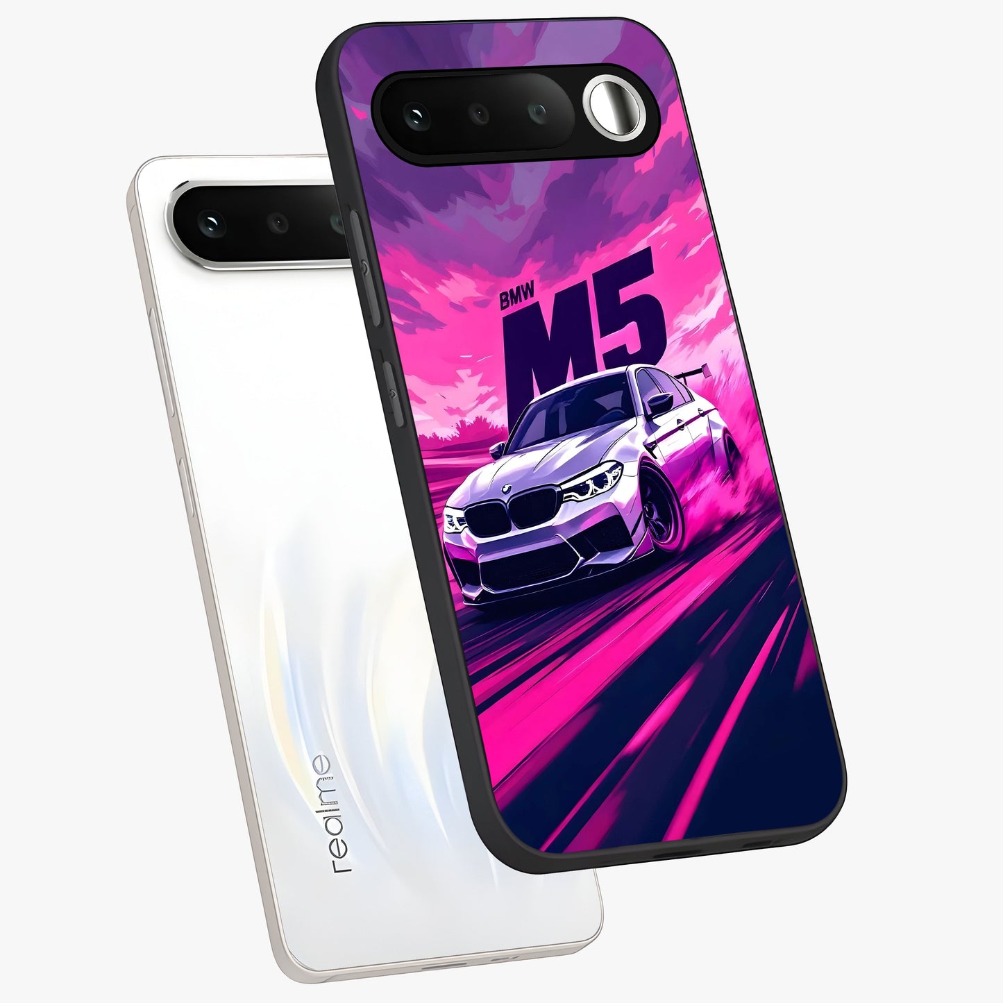 Velocity Drift Pulse Glass Case displayed in angled mockup highlighting dynamic drift design with sporty automotive aesthetic.