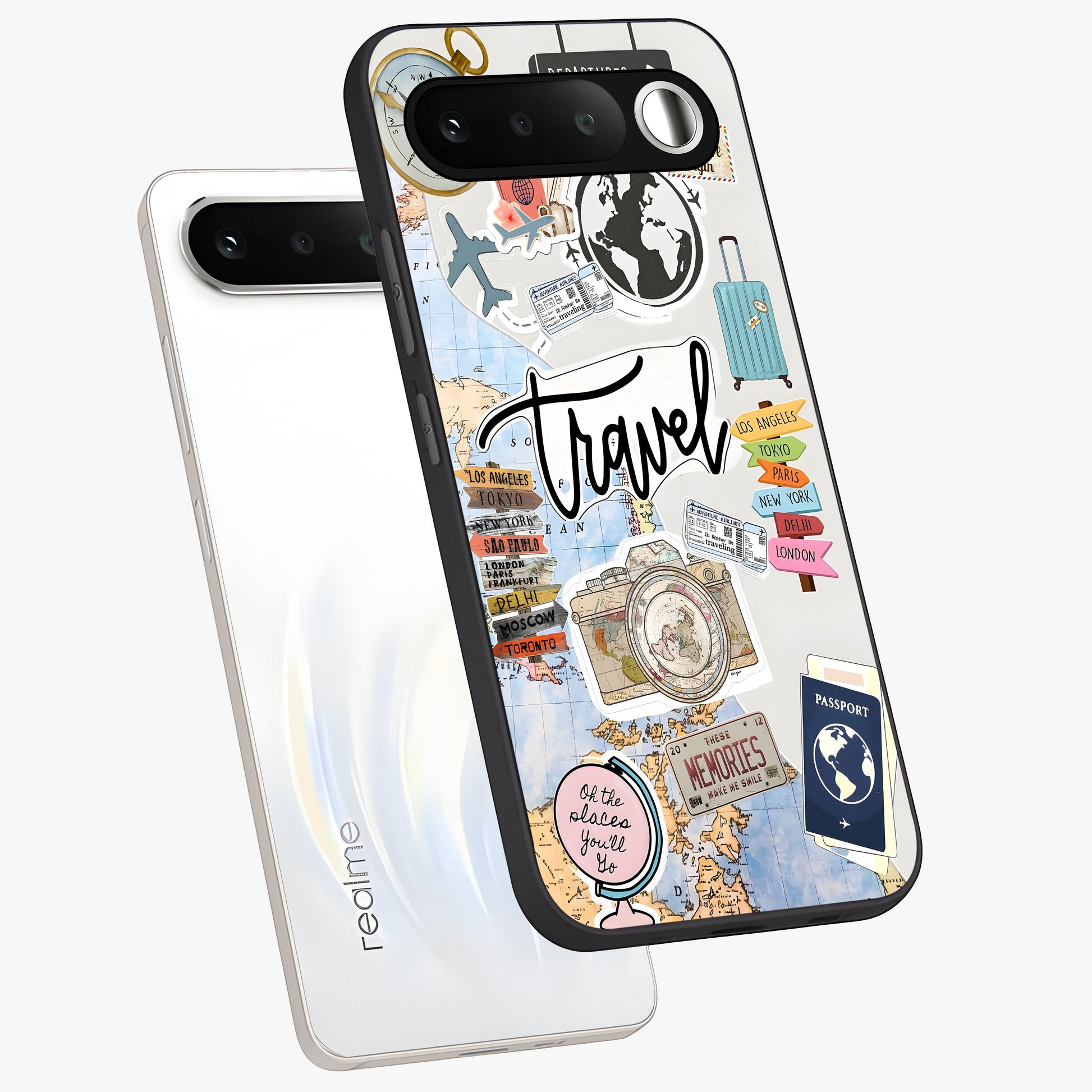Wanderlust Journal Glass Case displayed in angled mockup highlighting adventure themed design with aesthetic travel vibe.