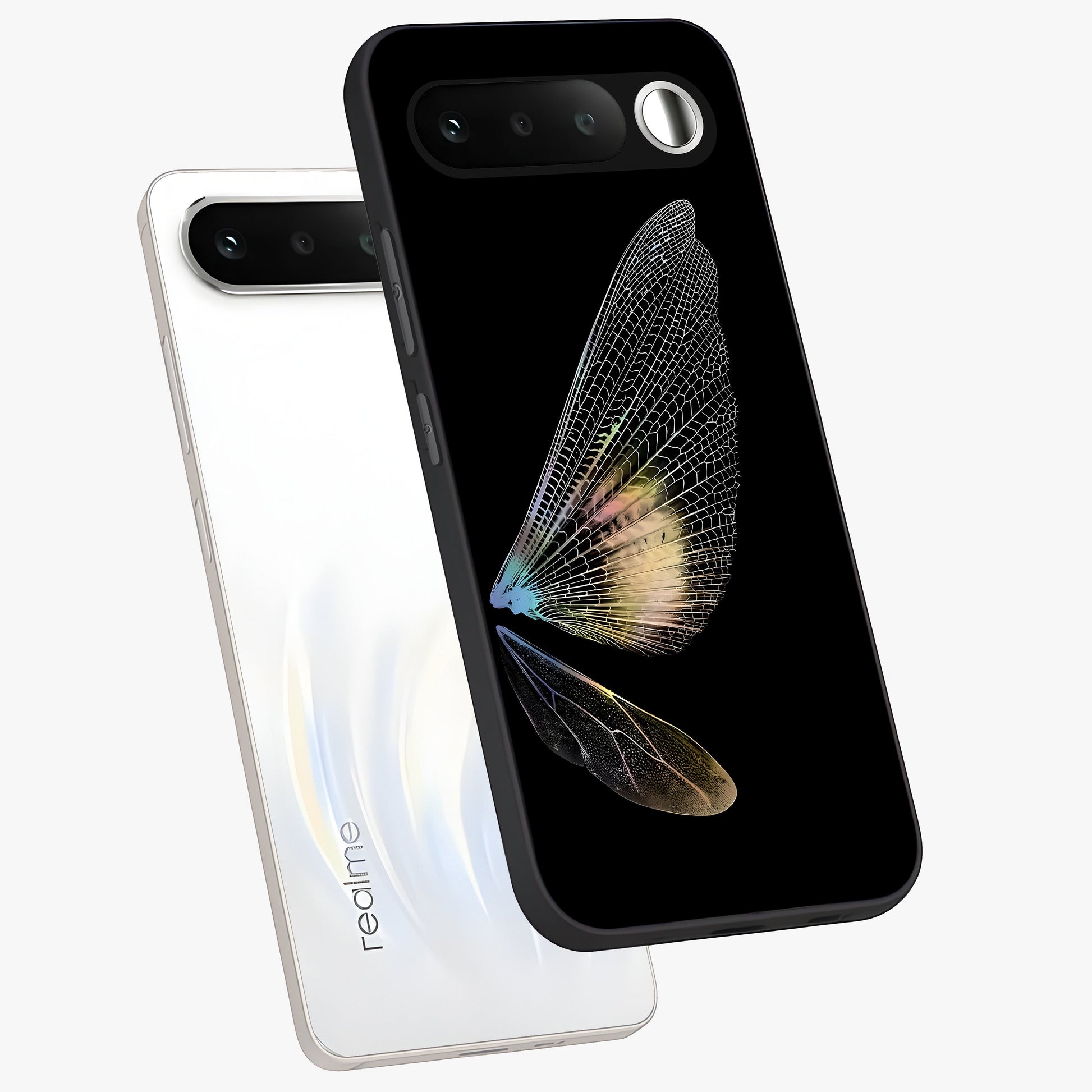 Whispers Of Wings Glass Case displayed in angled mockup highlighting soft feather design with celestial aesthetic style.