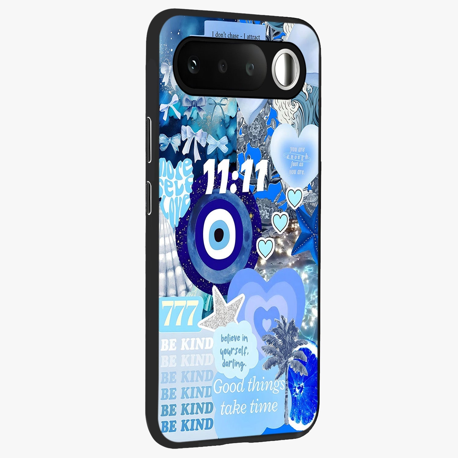 Aesthetic Be Kind Eye Glass Case upright view showcasing stylish eye illustration with positive message theme.