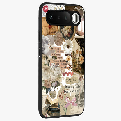 Aesthetic Brown Vintage Collage Glass Case upright view showcasing nostalgic retro artwork with stylish vintage theme.