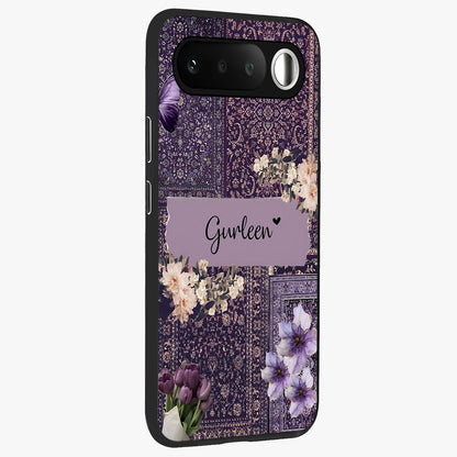 Antique Floral Whisper Custom Name Glass Case upright view showcasing delicate floral artwork with custom name feature.