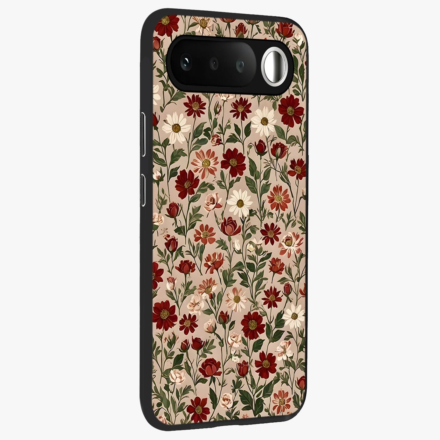 Biege Flower With Leaf Glass Case upright view showcasing delicate beige flower illustration with clean botanical style.