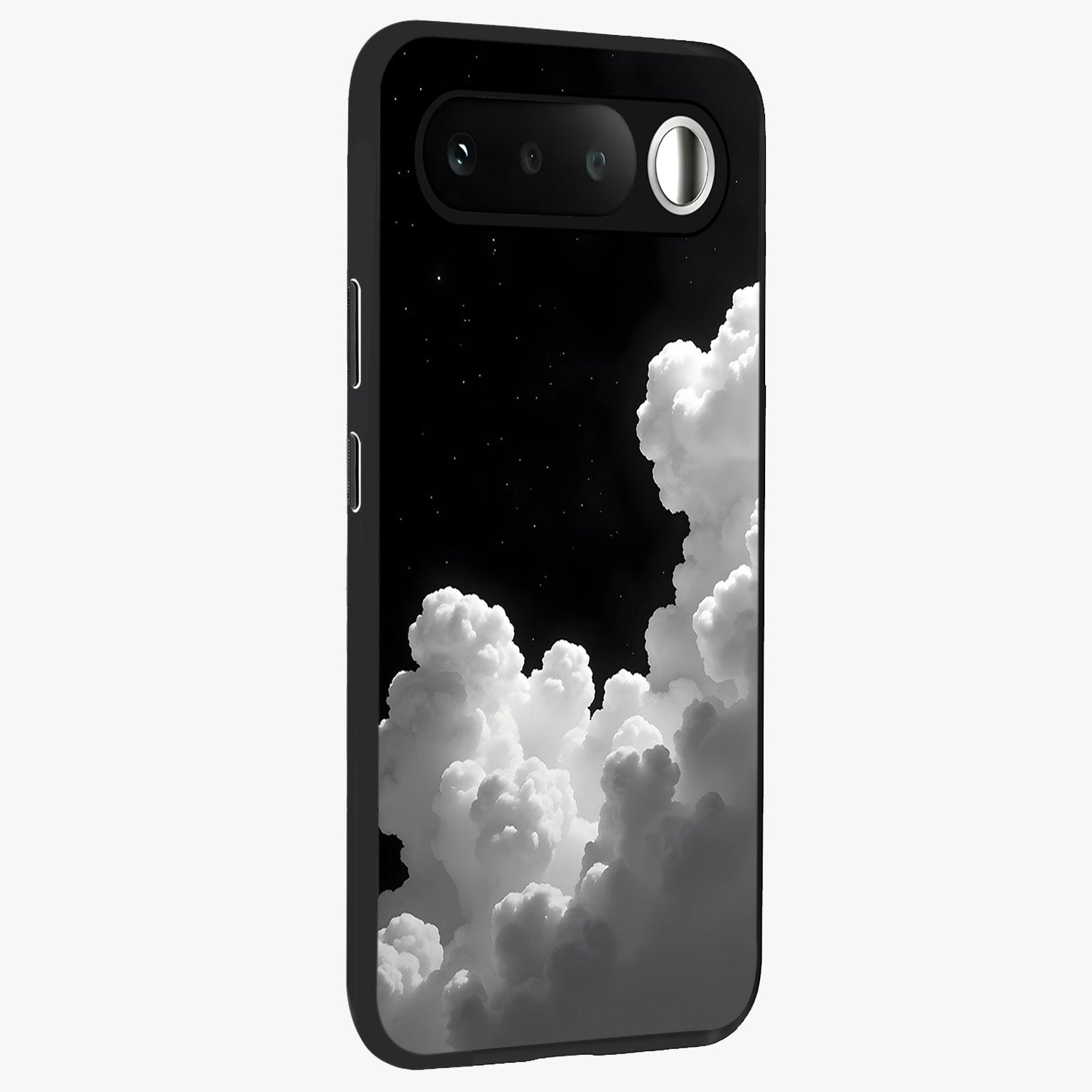 Black Background With White Cloud Glass Case upright view showcasing calm cloud aesthetic with modern minimal style.