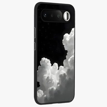 Black Background With White Cloud Glass Case upright view showcasing calm cloud aesthetic with modern minimal style.