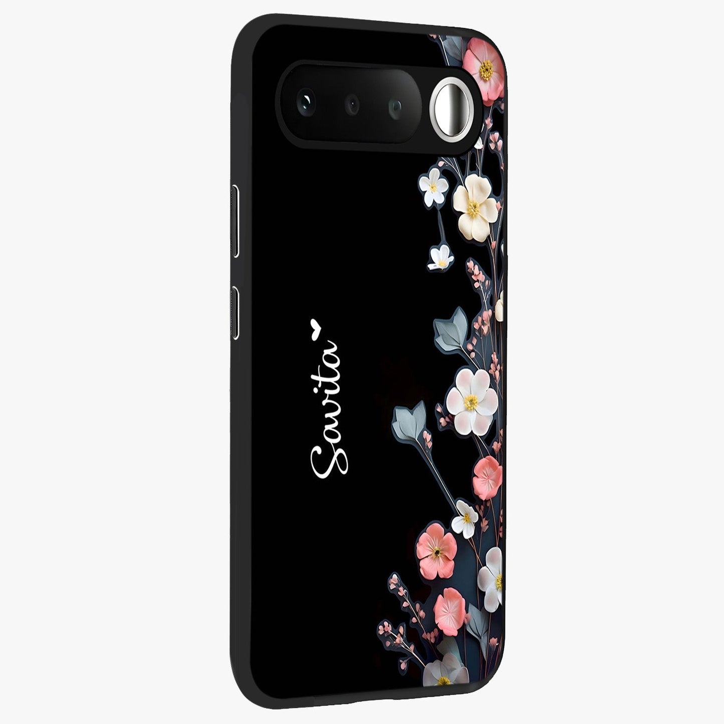 Black Elegance Floral Custom Name Glass Case upright view showcasing luxurious black floral design with personalized name detail.