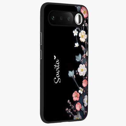 Black Elegance Floral Custom Name Glass Case upright view showcasing luxurious black floral design with personalized name detail.
