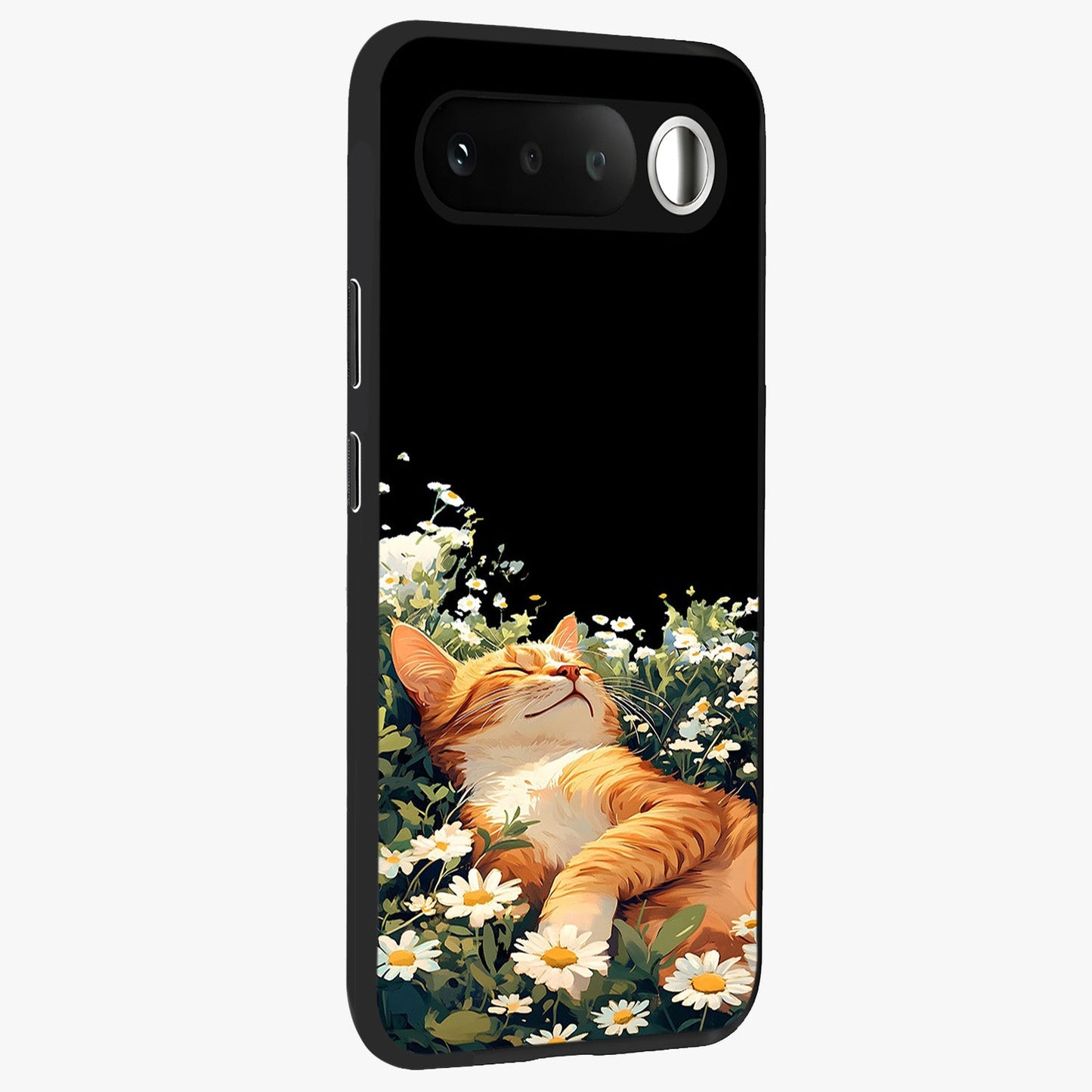Blissful Bloom Cat Glass Case upright view showcasing charming cat design surrounded by blooming floral elements.