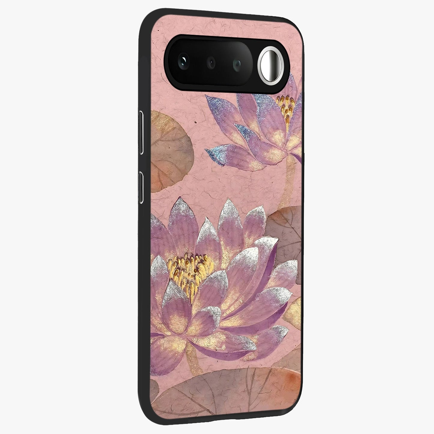Blossom Mist Lotus Glass Case upright view showcasing graceful lotus flower design with peaceful botanical style.