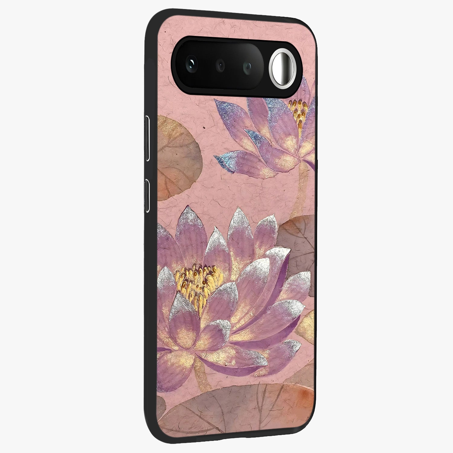 Blossom Mist Lotus Glass Case upright view showcasing graceful lotus flower design with peaceful botanical style.