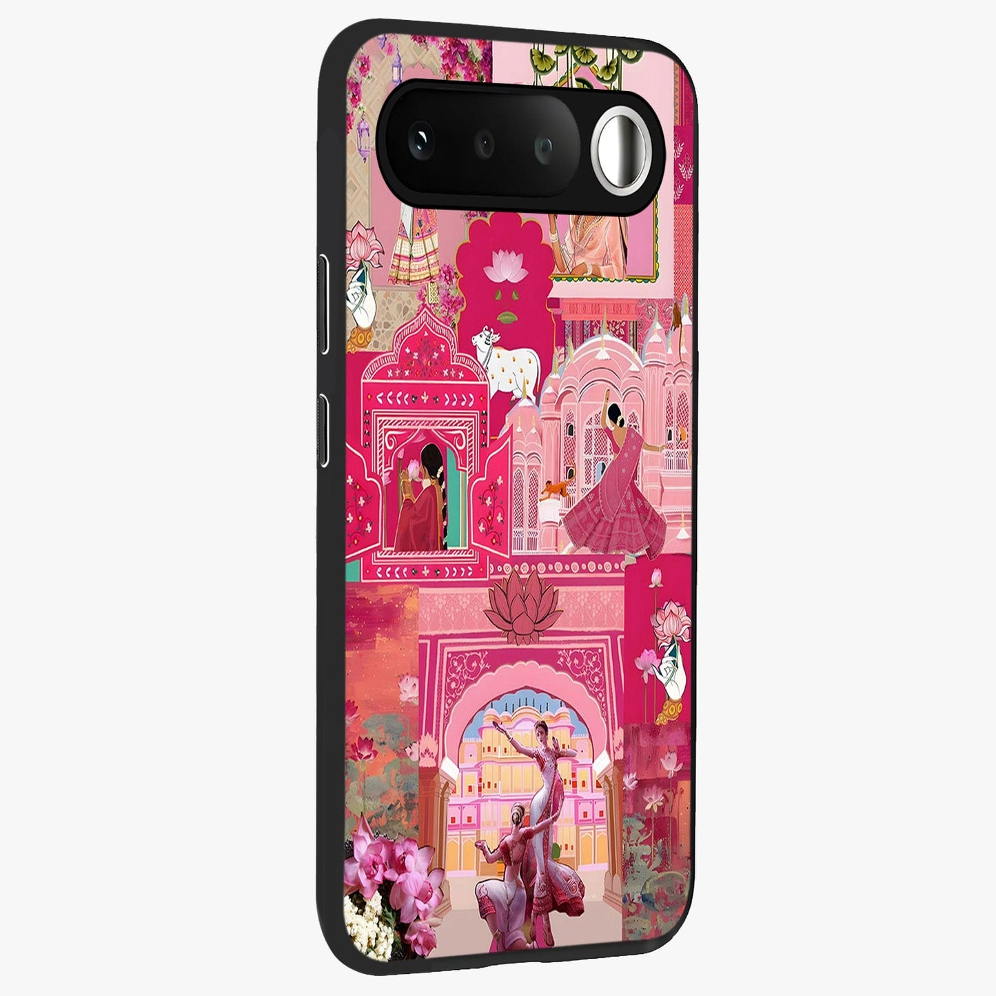 Blossoms of Rajasthan Glass Case upright view showcasing colorful floral design inspired by traditional Indian art.
