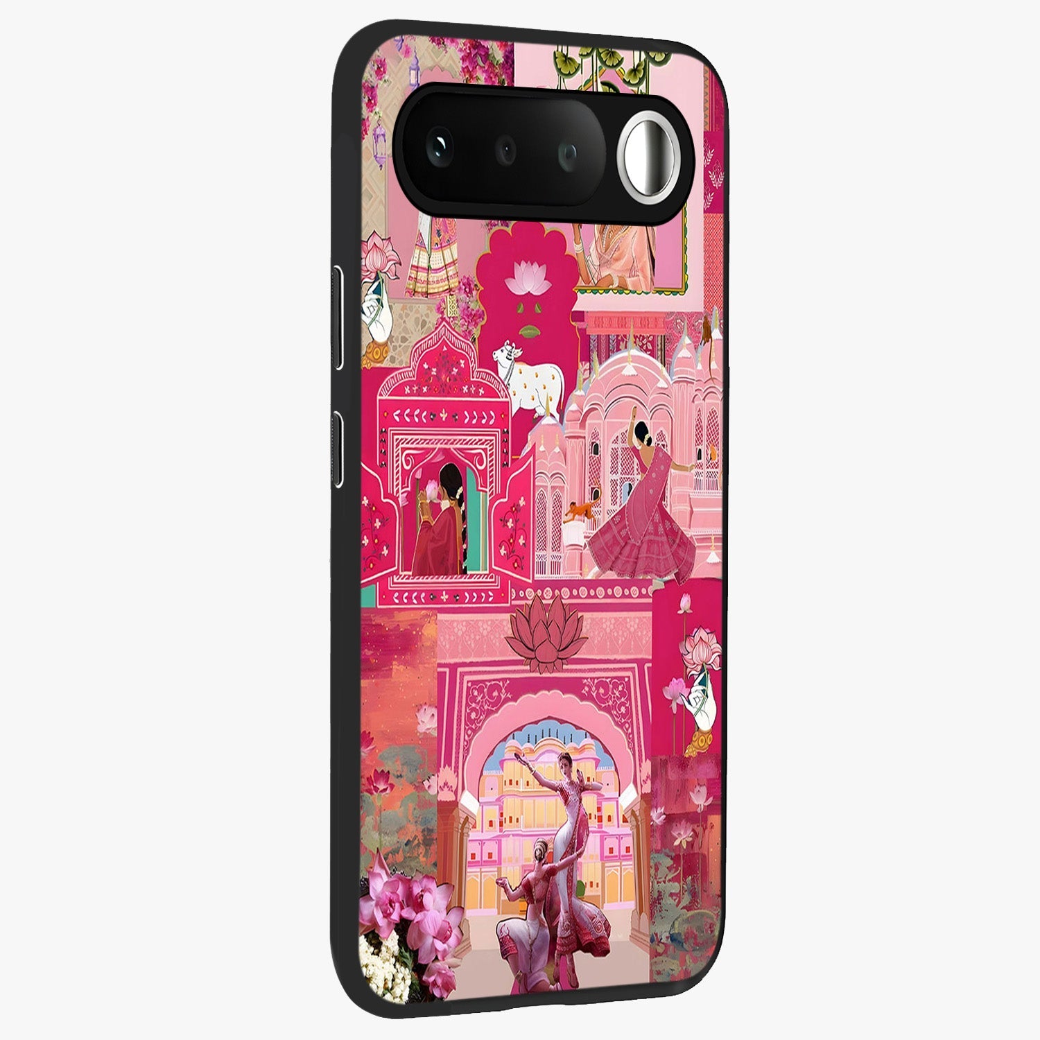 Blossoms of Rajasthan Glass Case upright view showcasing colorful floral design inspired by traditional Indian art.