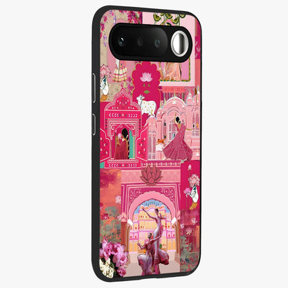 Blossoms of Rajasthan Glass Case upright view showcasing colorful floral design inspired by traditional Indian art.