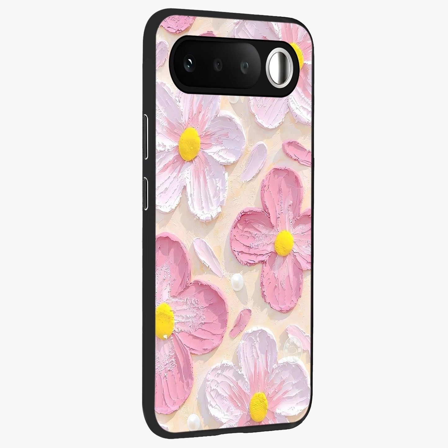 Blush Bloom Texture Glass Case upright view showcasing delicate blush floral texture with modern minimal style.