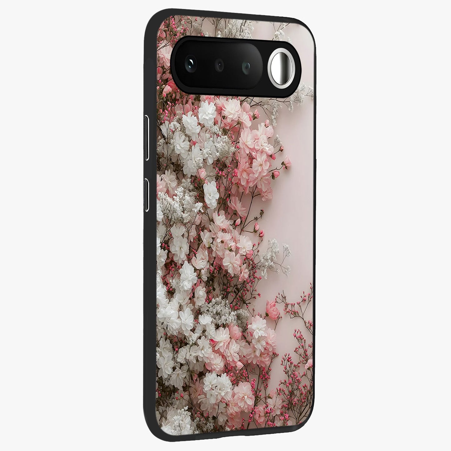 Blush Blossom Cloud Glass Case upright view showcasing calm floral cloud artwork with gentle dreamy theme.