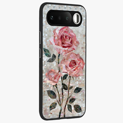 Blush Mosaic Bloom Glass Case upright view showcasing decorative floral mosaic artwork with stylish modern aesthetic.