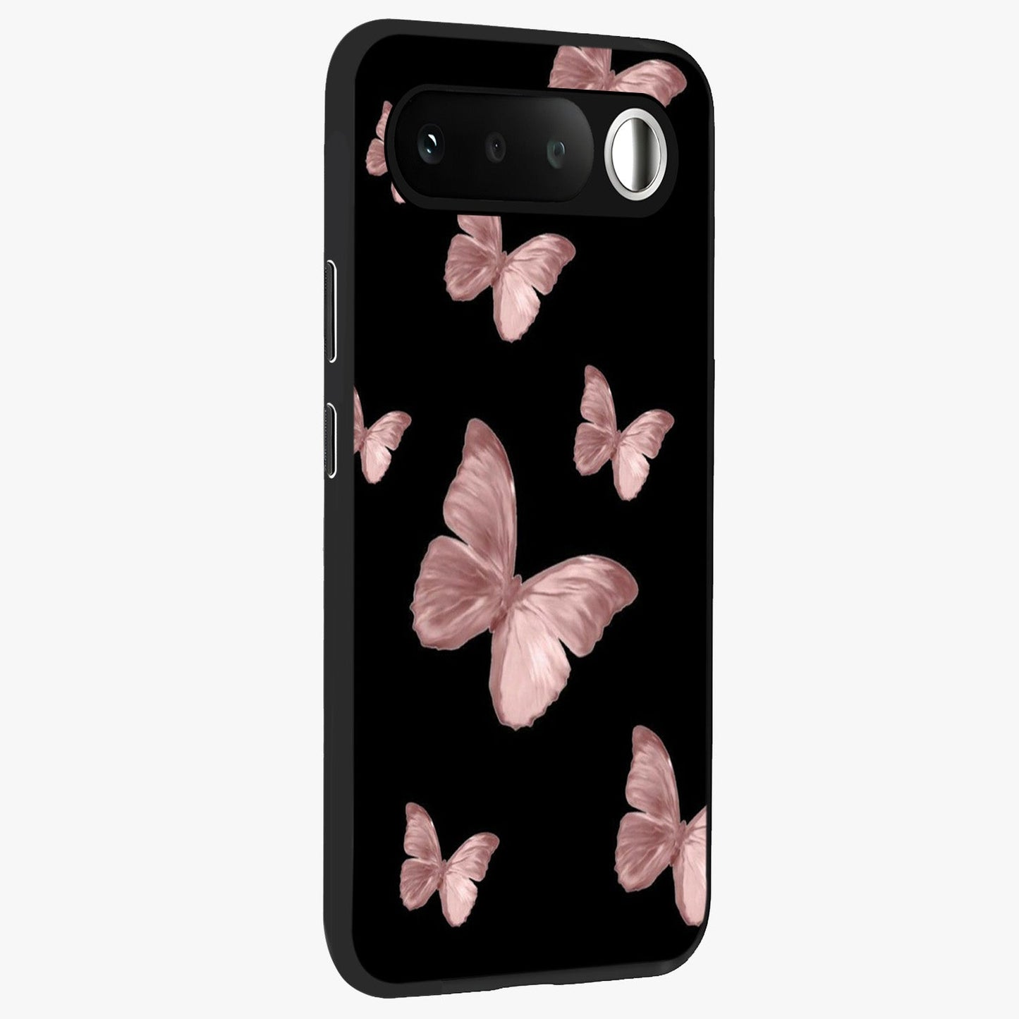 Butterfly Pattern Glass Case upright view showcasing graceful butterfly artwork with soft decorative theme.
