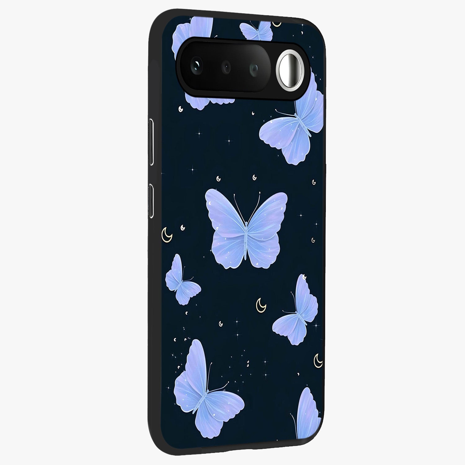 Butterfly With Stars Pattern Glass Case upright view showcasing celestial butterfly artwork with sparkling star elements.